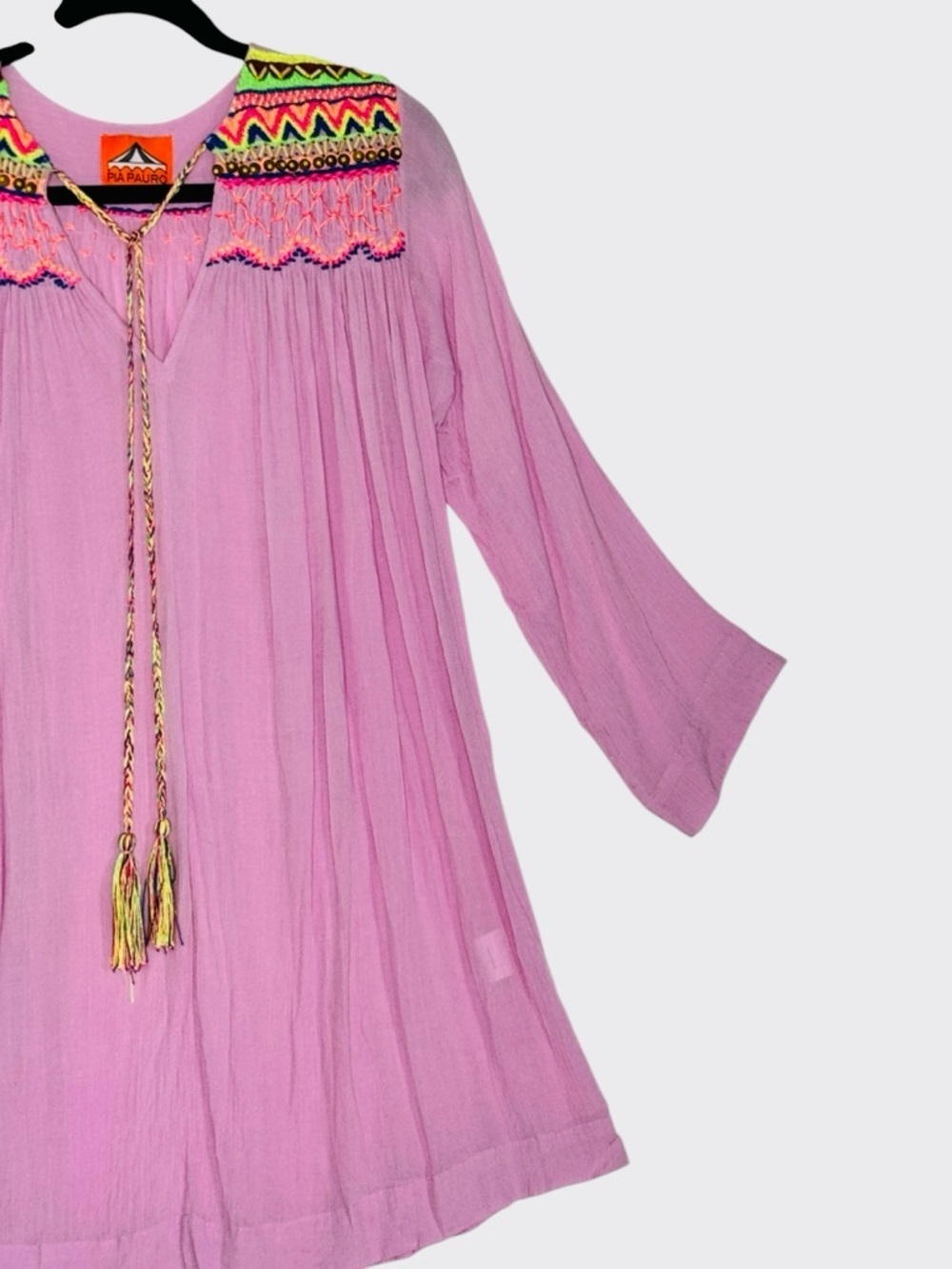 Pia Pauro Pink Embroidered Swim Cover-Up Tunic XS Boho Tassel Dress - Picture 6 of 14